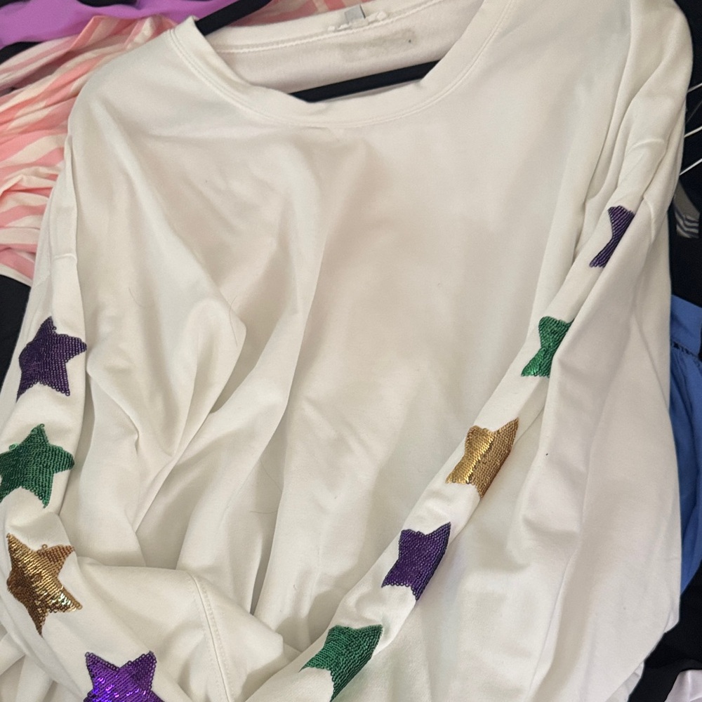Mardi Gras—-White Sweatshirt with Colorful Star Accents